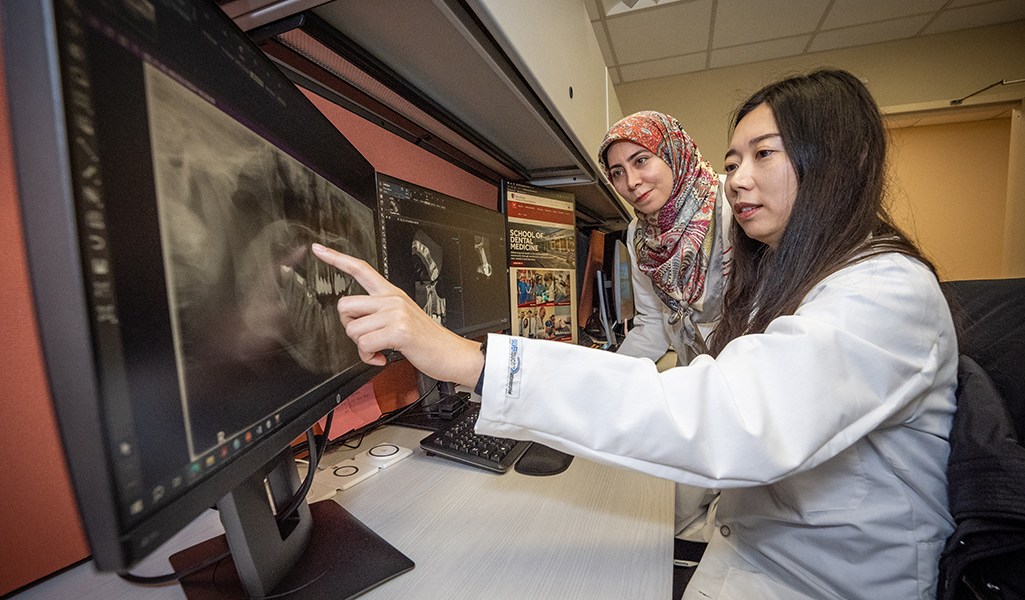 Radiology residency director and student reviewing images on a computer screen