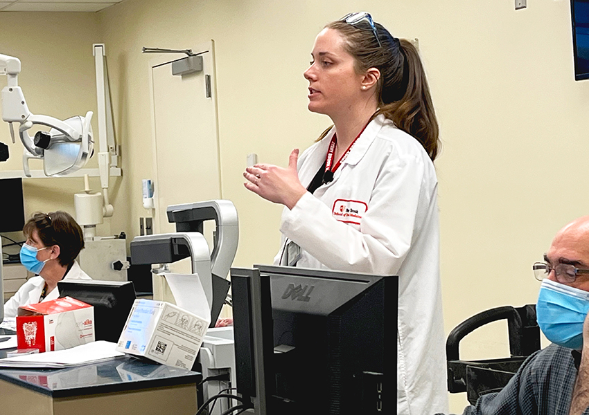 Dr. Patricia Swanson shares her insights during a lecture in the School of Dental Medicine simulation lab.