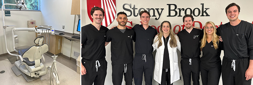 A composite of two photos. The photo on the left is of a dental treatment chair within a clinical setting. The photo on the right is a group photo of the members of the Advanced Education Program in Prosthodontics. 