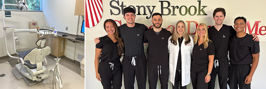 A composite of two photos. The photo on the left is of a dental treatment chair within a clinical setting. The photo on the right is a group photo of the members of the Advanced Education Program in Prosthodontics. 
