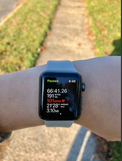 Exercise statistics on Apple watch on wrist.