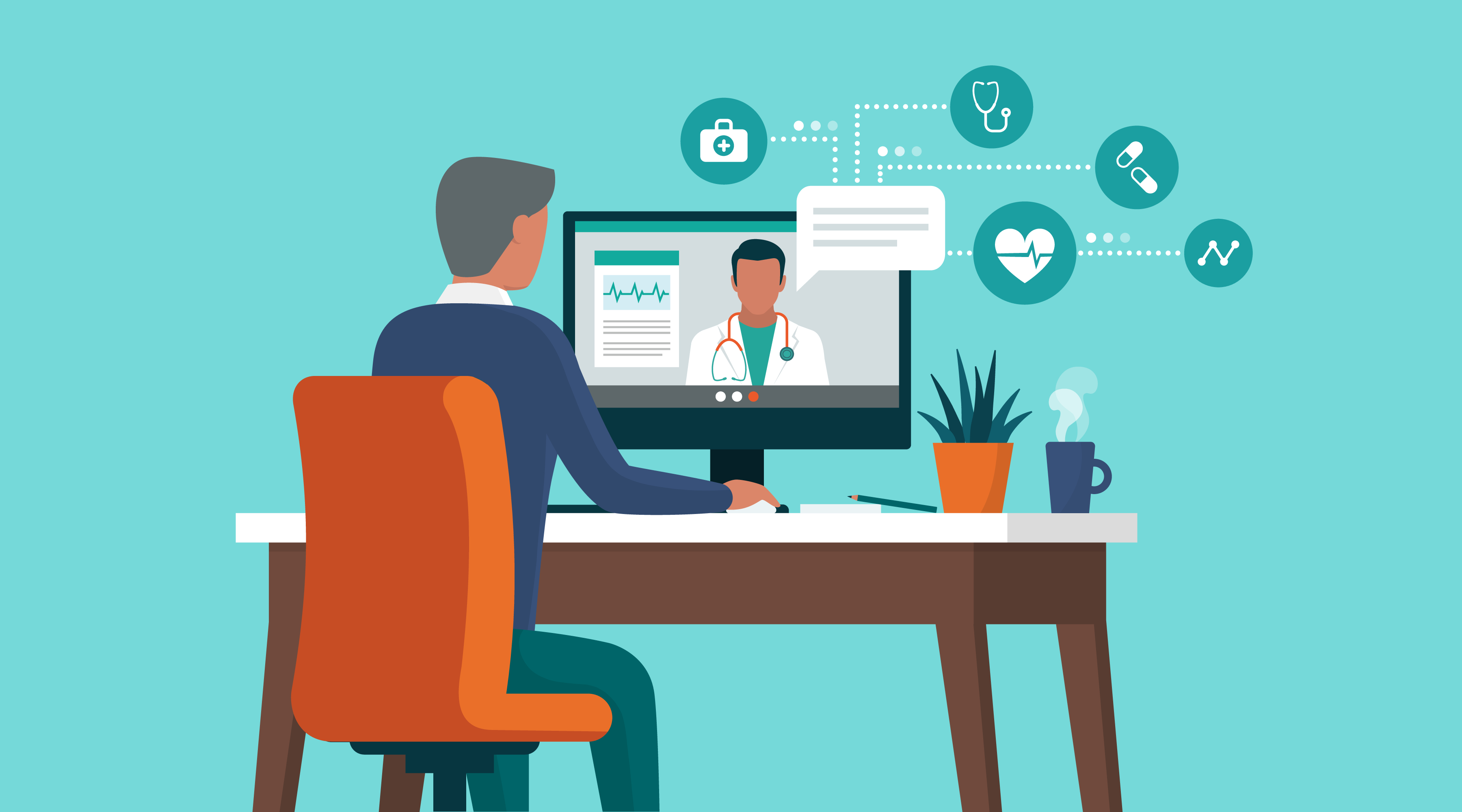 Illustration of a patient meeting with a doctor via their desktop computer.